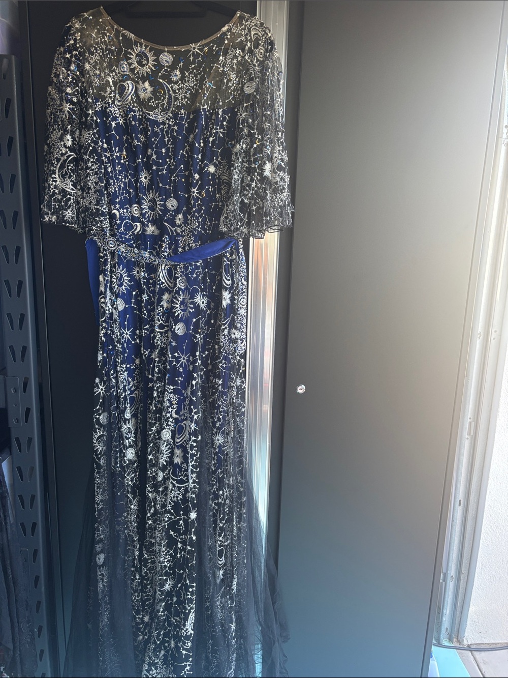 Tadashi Shoji Navy Maxi Dress with Silver Celestial Embroidery